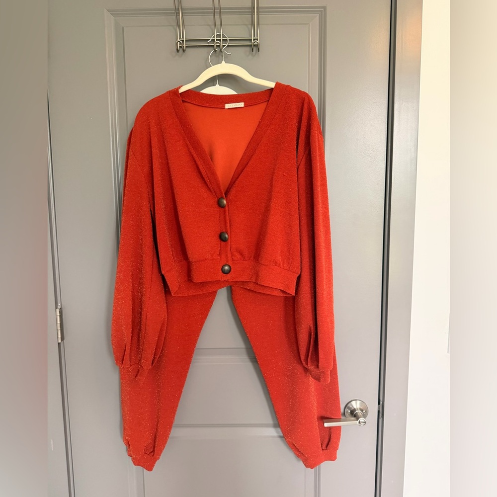 Red Button-Up Cardigan and Pants Set